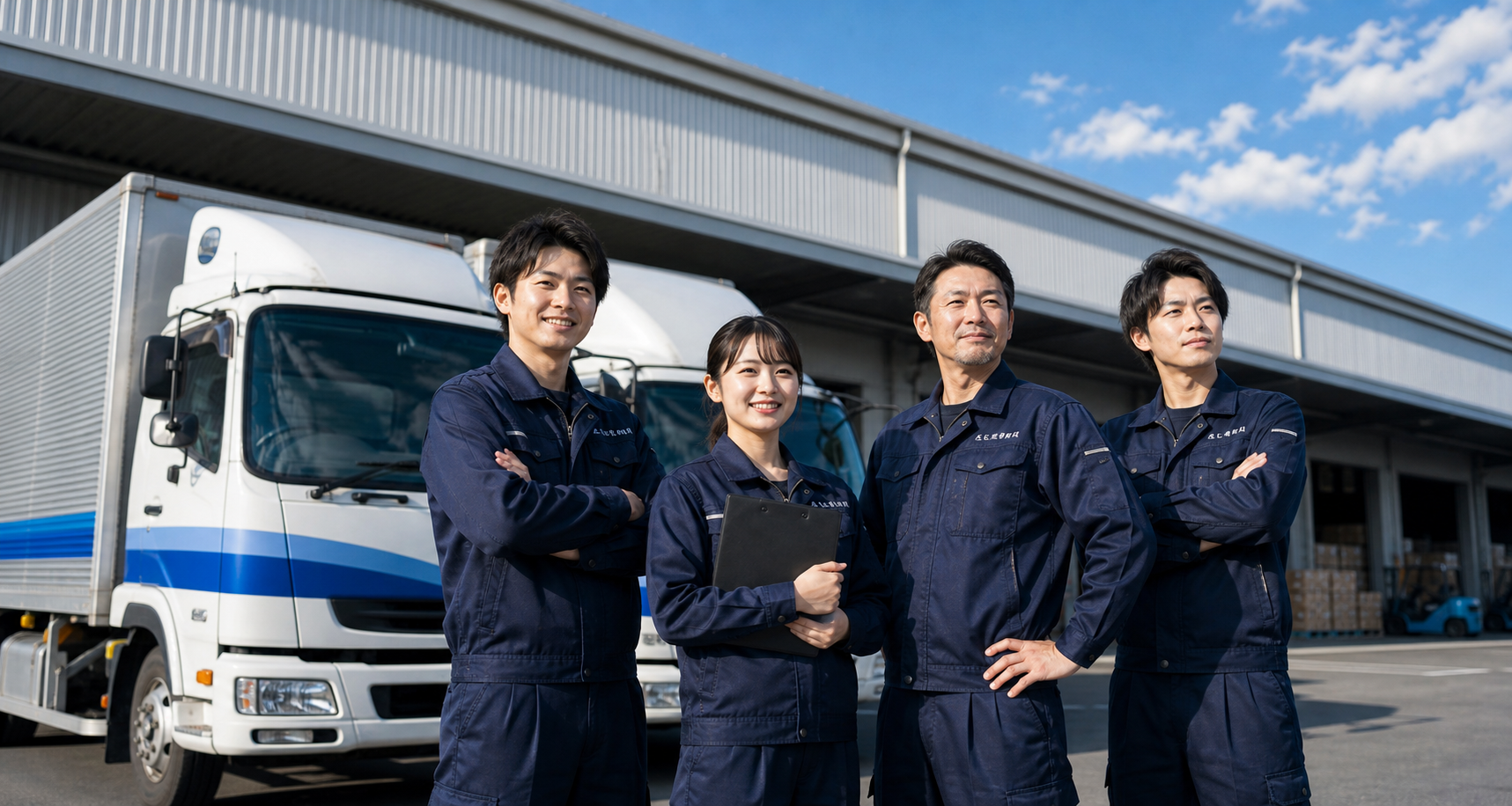 さしま通商の紺色の制服を着た倉庫スタッフとドライバー