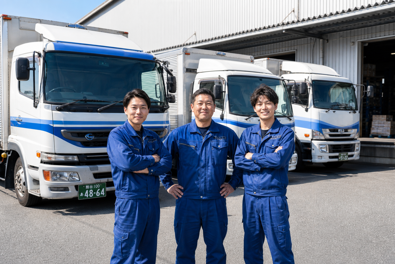 倉庫前に立つさしま通商のドライバーとトラック
